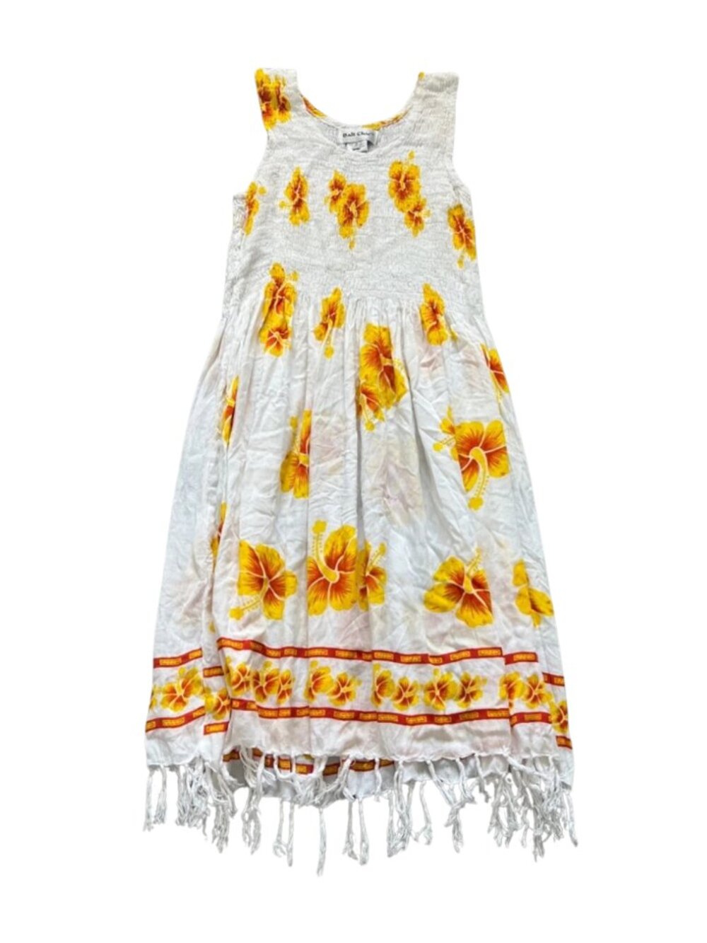 Bali Chic Women’s White Sundress with Yellow Hibiscus Floral Print and Fringe OS